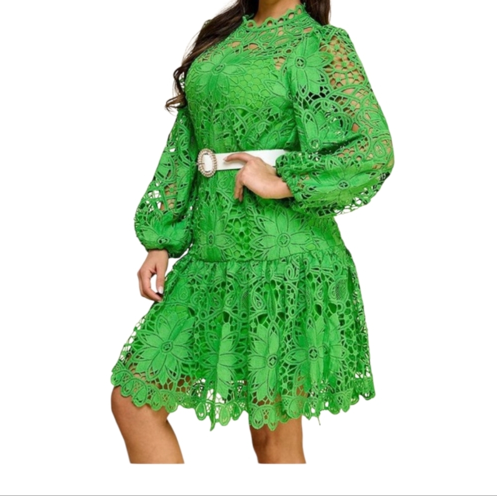 Woman Elegant Luxury Green Lace Dress Knee Lenght Nwt